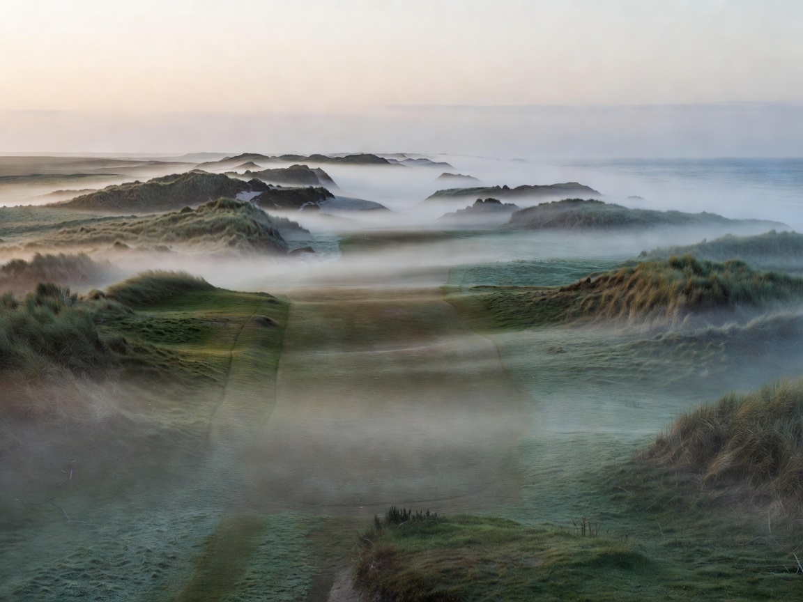 An open seaside golf links fairway with morning mist rolling over dunes