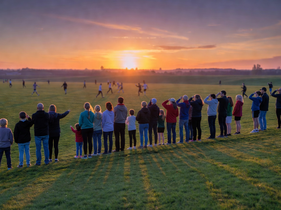 Spectators watching a competitive match on an open green pitch at sunset