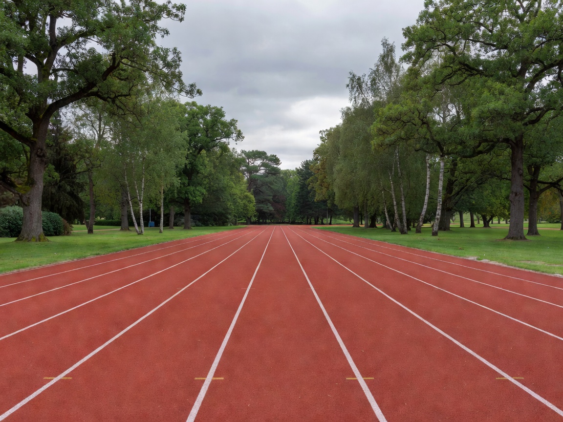 An empty outdoor red running track surrounded by parkland trees under overcast skies